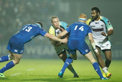 291114 - Leinster v Ospreys - Guinness Pro12 -   Hanno Dirksen of Ospreys tackled by  Fergus McFadden and Darragh Fanning of Leinster (c) Huw Evans Agency