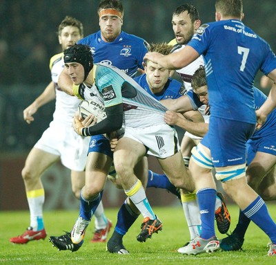 291114 - Leinster v Ospreys - Guinness Pro12 -   Sam Davies of Ospreys tackled by Ian Madigan of Leinster (c) Huw Evans Agency