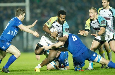 291114 - Leinster v Ospreys - Guinness Pro12 -   Aisea Natoga of Ospreys tackled by Gordon D'Arcy and Jack Conan of Leinster(c) Huw Evans Agency