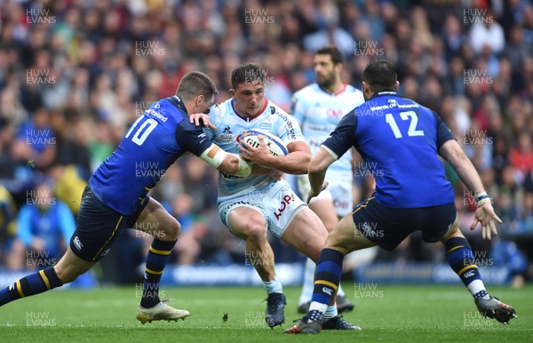 120518 - Leinster v Racing 92 - European Rugby Champions Cup Final - Camille Chat of Racing 92 is tackled by Johnny Sexton and Robbie Henshaw of Leinster