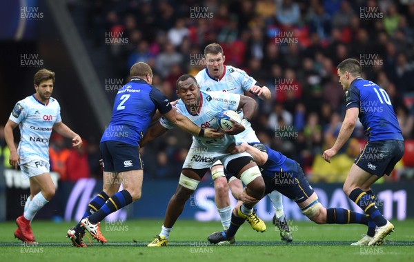 120518 - Leinster v Racing 92 - European Rugby Champions Cup Final - Leone Nakarawa of Racing 92 is tackled by Sean Cronin and Dan Leavy of Leinster