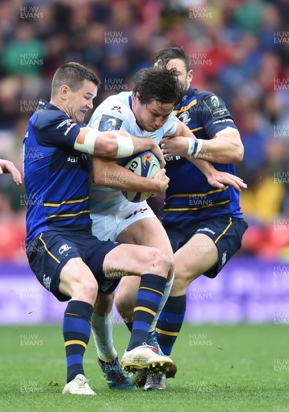 120518 - Leinster v Racing 92 - European Rugby Champions Cup Final - Henry Chavancy of Racing 92 is tackled by Johnny Sexton and Garry Ringrose of Leinster