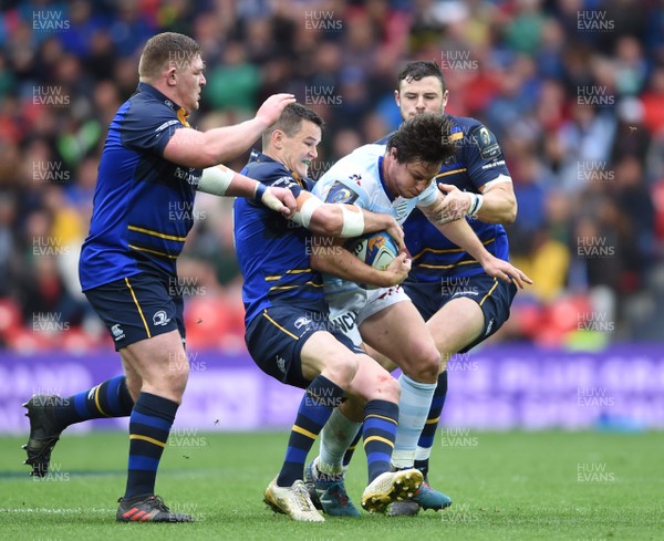 120518 - Leinster v Racing 92 - European Rugby Champions Cup Final - Henry Chavancy of Racing 92 is tackled by Johnny Sexton and Garry Ringrose of Leinster