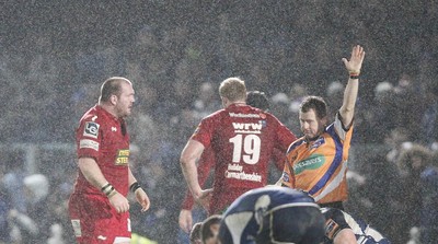 170212 - Leinster v Scarlets - RaboDirect Pro12 -Scarlets' Phil John shows his disappointment as Nigel Owens awards the winning penalty to Leinster