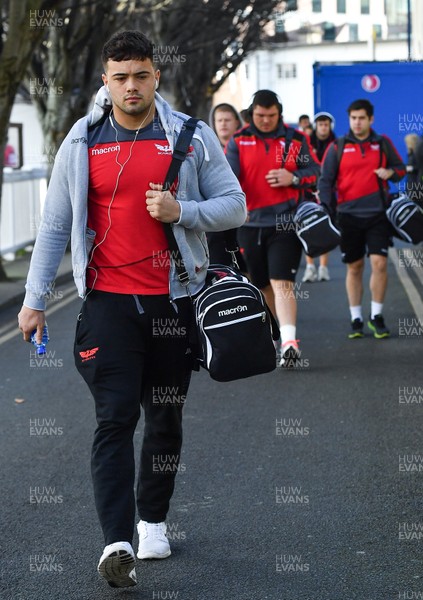 170218 - Leinster v Scarlets - Guinness PRO14 -  Josh Macleod of Scarlets arrives prior to the match 