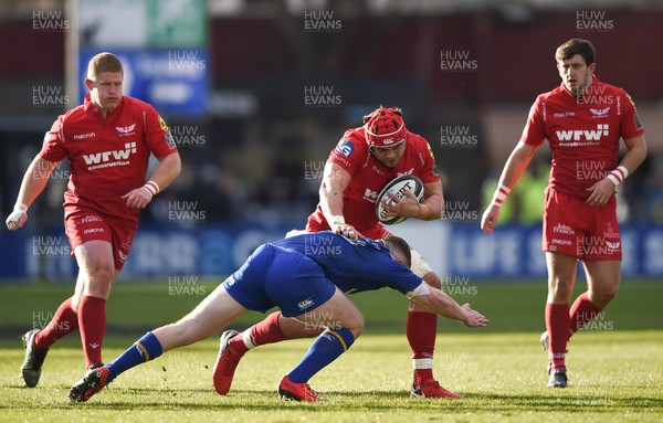 170218 - Leinster v Scarlets - Guinness PRO14 -  Josh Macleod of Scarlets is tackled by Rory O'Loughlin of Leinster