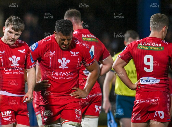 181123 - Leinster v Scarlets - United Rugby Championship - Carwyn Tuipulotu of Scarlets, second from left, reacts after his side conceded a third try