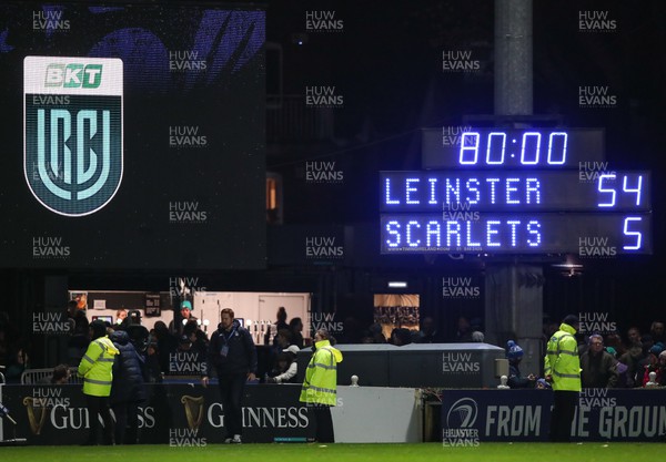 181123 - Leinster v Scarlets - United Rugby Championship - A general view of the final score after the match