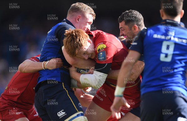 210418 - Leinster v Scarlets - European Rugby Champions Cup Semi Final - Rhys Patchell of Scarlets and Dan Leavy of Leinster compete for the ball
