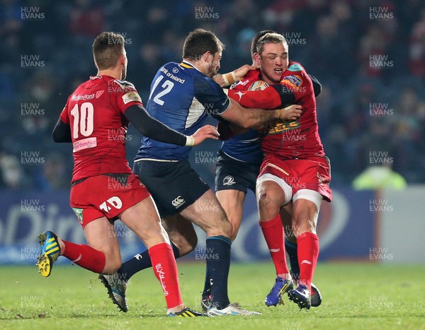 230213 Leinster v Scarlets - RaboDirect Pro 12 - Scarlets' Gareth Maule is tackled by Leinster's Andrew Goodman 