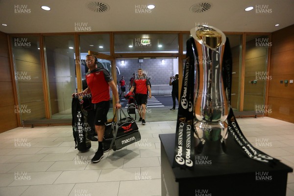 260518 - Leinster v Scarlets - Guinness PRO14 Final - Hadleigh Parkes walks past the trophy as he arrives