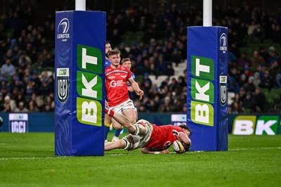 270326 - Leinster v Scarlets - United Rugby Championship - Max Douglas of Scarlets scores his side's third try 