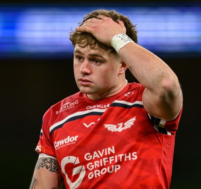 270326 - Leinster v Scarlets - United Rugby Championship - Macs Page of Scarlets reacts at full time