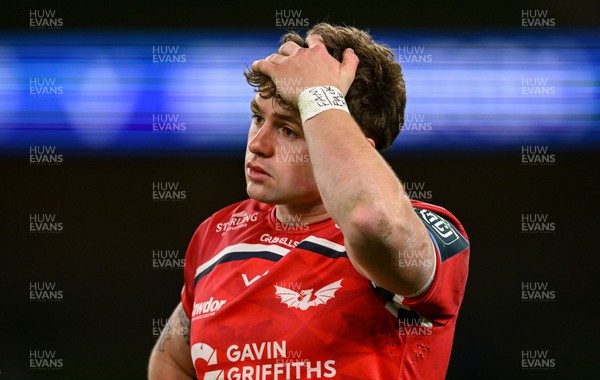 270326 - Leinster v Scarlets - United Rugby Championship - Macs Page of Scarlets reacts at full time