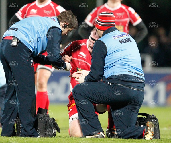 30/11/13 - Leinster v Scarlets - RaboDirect Pro 12Phil John of Scarlets receives some attention (c) Huw Evans Picture Agency