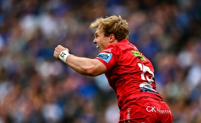 310525 - Leinster v Scarlets - United Rugby Championship Quarter-Final - Blair Murray of Scarlets celebrates after scoring his side's second try