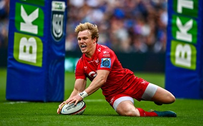 310525 - Leinster v Scarlets - United Rugby Championship Quarter-Final - Blair Murray of Scarlets celebrates after scoring his side's second try