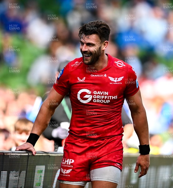 310525 - Leinster v Scarlets - United Rugby Championship Quarter-Final - Johnny Williams of Scarlets celebrates after scoring his side's third try