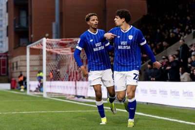 100126 - Leyton Orient v Cardiff City - Sky Bet League 1 - Yousef Salech of Cardiff City celebrates with his teammate Omari Kellyman of Cardiff City after scoring their sides first goal to make it 1 - 1