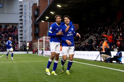100126 - Leyton Orient v Cardiff City - Sky Bet League 1 - Yousef Salech of Cardiff City celebrates with his teammate Omari Kellyman of Cardiff City after scoring their sides first goal to make it 1 - 1