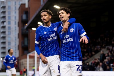 100126 - Leyton Orient v Cardiff City - Sky Bet League 1 - Yousef Salech of Cardiff City celebrates with his teammate Omari Kellyman of Cardiff City after scoring their sides first goal to make it 1 - 1