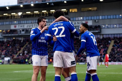 100126 - Leyton Orient v Cardiff City - Sky Bet League 1 - Yousef Salech of Cardiff City celebrates with his teammates after scoring their sides first goal to make it 1 - 1