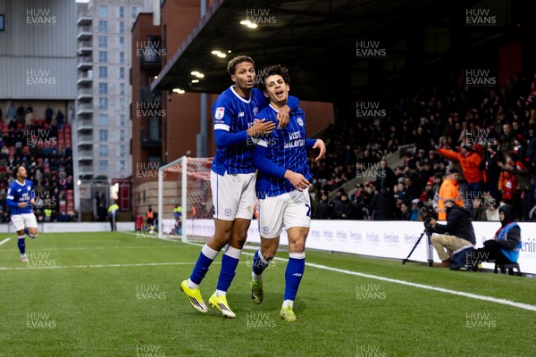 100126 - Leyton Orient v Cardiff City - Sky Bet League 1 - Yousef Salech of Cardiff City celebrates with his teammate Omari Kellyman of Cardiff City after scoring their sides first goal to make it 1 - 1