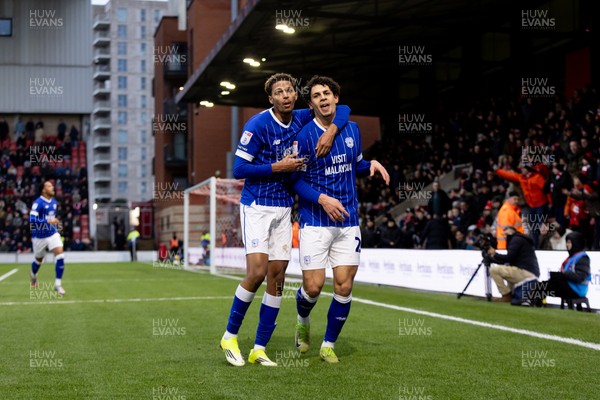 100126 - Leyton Orient v Cardiff City - Sky Bet League 1 - Yousef Salech of Cardiff City celebrates with his teammate Omari Kellyman of Cardiff City after scoring their sides first goal to make it 1 - 1