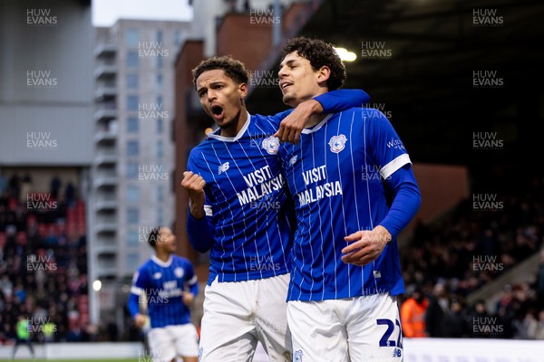 100126 - Leyton Orient v Cardiff City - Sky Bet League 1 - Yousef Salech of Cardiff City celebrates with his teammate Omari Kellyman of Cardiff City after scoring their sides first goal to make it 1 - 1