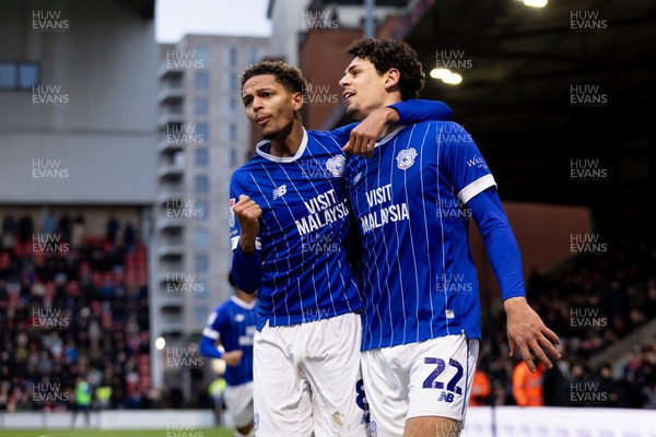 100126 - Leyton Orient v Cardiff City - Sky Bet League 1 - Yousef Salech of Cardiff City celebrates with his teammate Omari Kellyman of Cardiff City after scoring their sides first goal to make it 1 - 1