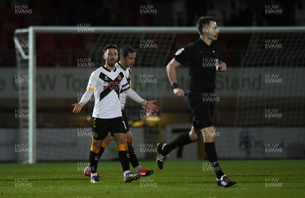 121220 - Leyton Orient v Newport County - Sky Bet League 2 - Josh Sheehan of Newport County remonstrates with Referee Tom Nield after Leyton Orient score their winning goal