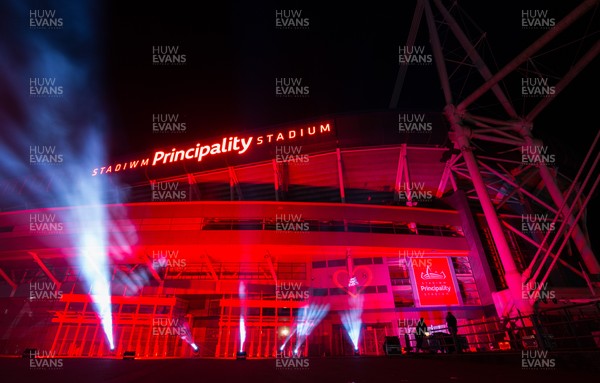 160321 - The Principality Stadium is lit up in red as part of the Light it in Red campaign by WeMakeEvents Cymru, to support and build awareness for the entertainment industry