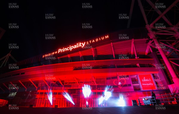 160321 - The Principality Stadium is lit up in red as part of the Light it in Red campaign by WeMakeEvents Cymru, to support and build awareness for the entertainment industry