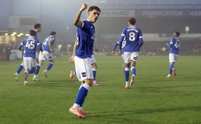 201225 - Lincoln City v Cardiff City - Sky Bet League 1 - Alex Robertson of Cardiff celebrates to fans on Perry Ng of Cardiff goal