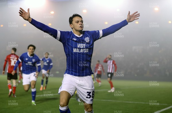 201225 - Lincoln City v Cardiff City - Sky Bet League 1 - Perry Ng of Cardiff celebrates 1st Cardiff goal in 2nd half