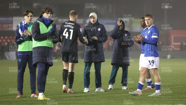 201225 - Lincoln City v Cardiff City - Sky Bet League 1 - Cardiff team applaud the travelling fans at the end of the match