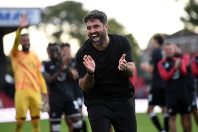 190926 - Lincoln City v Swansea City - Sky Bet Championship - Vitor Matos, Swansea Head Coach celebrates towards the Swansea supporters at full time
