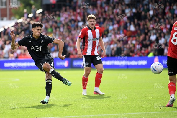 190926 - Lincoln City v Swansea City - Sky Bet Championship - Marko Stamenic of Swansea City has a shot on goal
