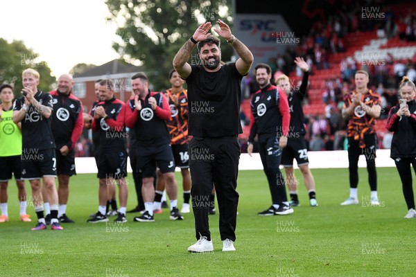 190926 - Lincoln City v Swansea City - Sky Bet Championship - Vitor Matos, Swansea Head Coach celebrates towards the Swansea supporters at full time