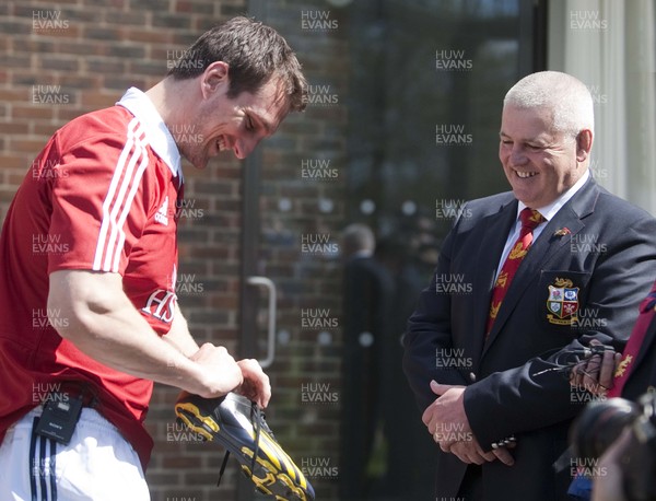 300413 - Lions Squad Announcement - Sam Warburton, left,  jokes with Head coach Warren Gatland before the photocell to announce the British & Irish Lions Captain for the 2013 tour of Australia