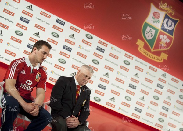 300413 - Lions Squad Announcement - Sam Warburton, left, and Head Coach Warren Gatland sit on stage at the British & Irish Lions 2013 Squad Announcement Press Conference