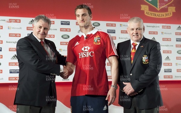 300413 - Lions Squad Announcement - Sam Warburton is announced as British & Irish Lions Captain for the 2013 tour of Australia Pictured with him are Tour Manager, Andy Irvine and Head Coach Warren Gatland 