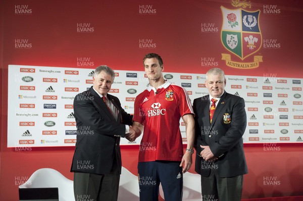 300413 - Lions Squad Announcement - Sam Warburton is announced as British & Irish Lions Captain for the 2013 tour of Australia Pictured with him are Tour Manager, Andy Irvine and Head Coach Warren Gatland 