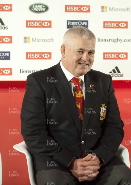 300413 - Lions Squad Announcement -  British & Irish Lions Head coach Warren Gatland sits on stage at the Squad Announcement Press Conference