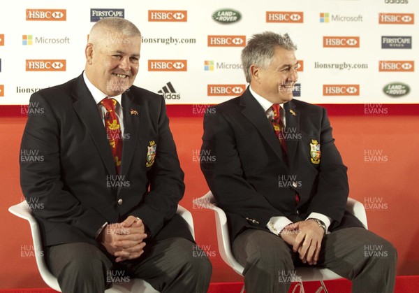 300413 - Lions Squad Announcement -  British & Irish Lions Head coach Warren Gatland, left, and Tour Manager Andy Irvine, sit on stage at the Squad Announcement Press Conference