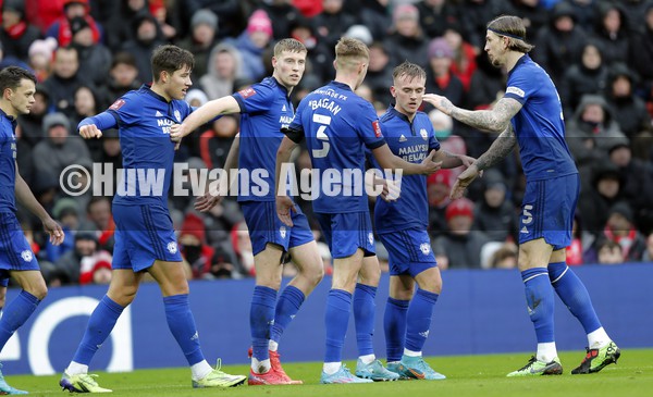 060222 - Liverpool v Cardiff City - FA Cup Fourth Round - Rubin Colwill of Cardiff (2nd left) celebrates scoring his goal with team