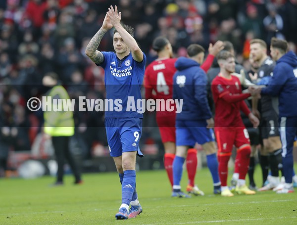 060222 - Liverpool v Cardiff City - FA Cup Fourth Round - Jordan Hugill of Cardiff applauds the fans at the end of the match