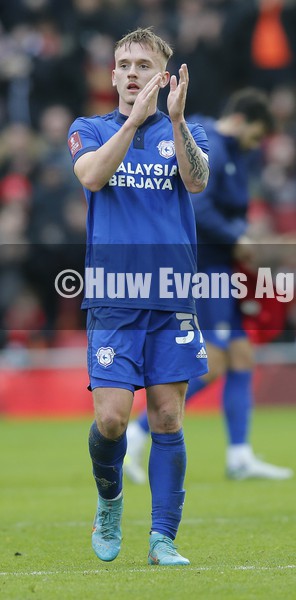 060222 - Liverpool v Cardiff City - FA Cup Fourth Round - Isaak Davies of Cardiff applauds the fans at the end of the match