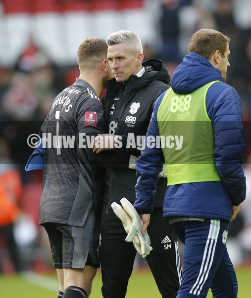 060222 - Liverpool v Cardiff City - FA Cup Fourth Round - Manager Steve Morison of Cardiff with Goalkeeper Dillon Phillips of Cardiff at the end of the match