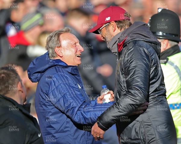 271018 - Liverpool v Cardiff - Premier League -  Liverpool's manager Jurgen Klopp greets Manager Neil Warnock of Cardiff before the game